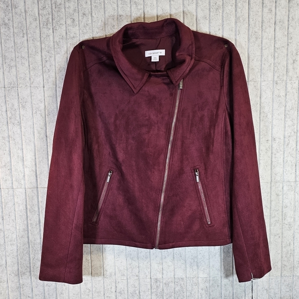 Liz Claiborne Faux Suede Moto Jacket Burgundy Passion | XXL - Picture 2 of 3